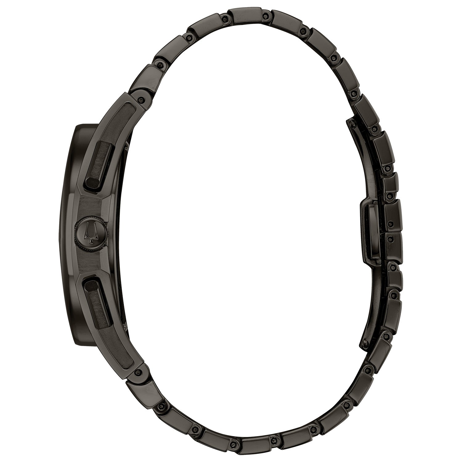 Side profile of Bulova 98A206, showcasing the curved case design and dark grey stainless steel bracelet.
