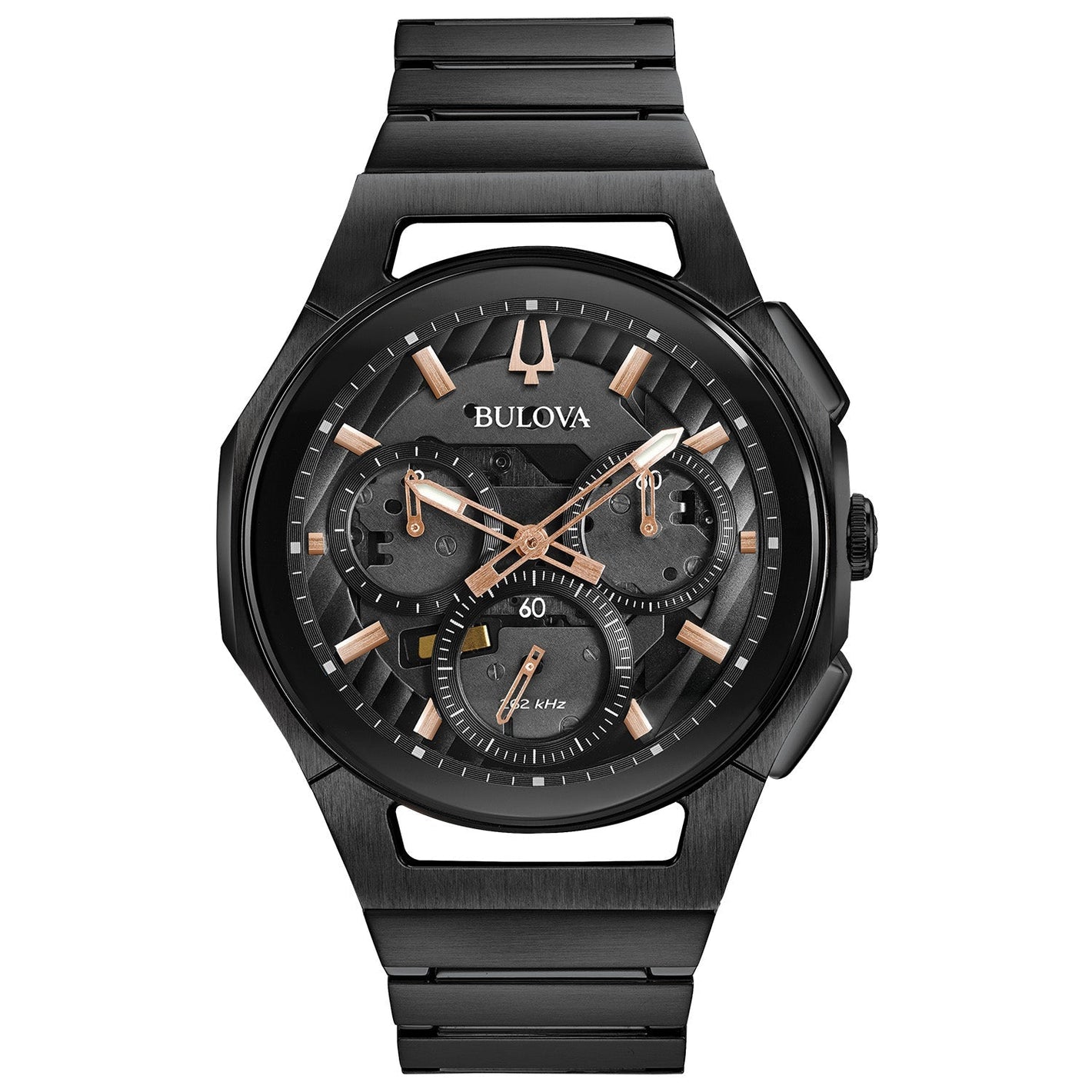 Bulova 98A207 CURV Chronograph watch featuring a black ion-plated stainless steel case and black dial with rose gold-tone accents—front view.