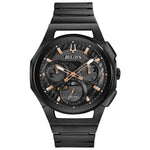 Bulova 98A207 CURV Chronograph watch featuring a black ion-plated stainless steel case and black dial with rose gold-tone accents—front view.