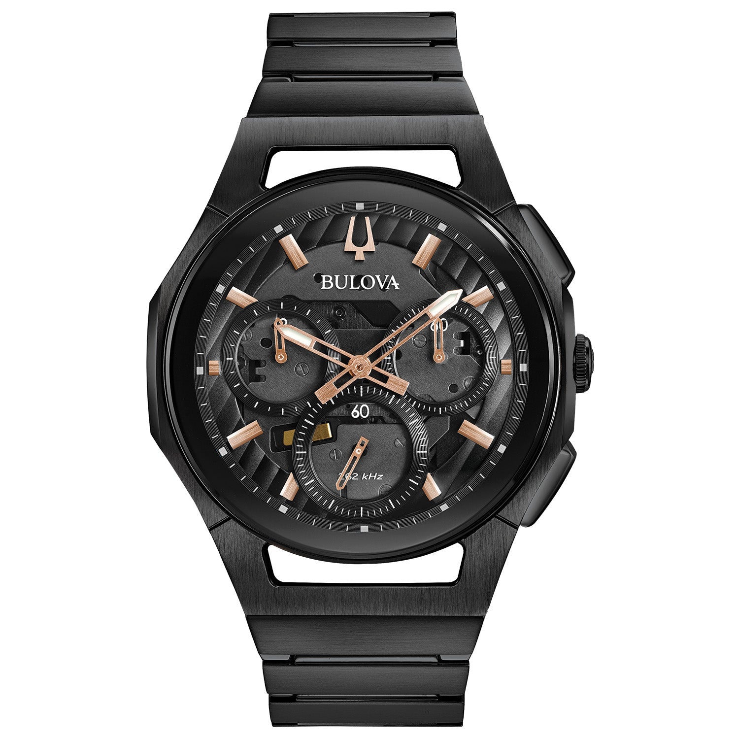 Bulova 98A207 CURV Chronograph watch featuring a black ion-plated stainless steel case and black dial with rose gold-tone accents—front view.