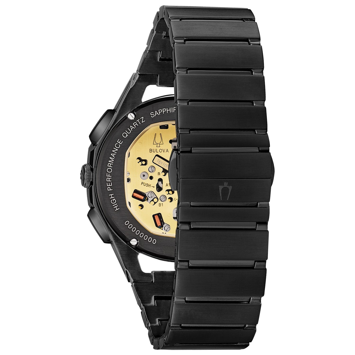 Back view of Bulova 98A207, highlighting the exhibition case back revealing the intricate movement.