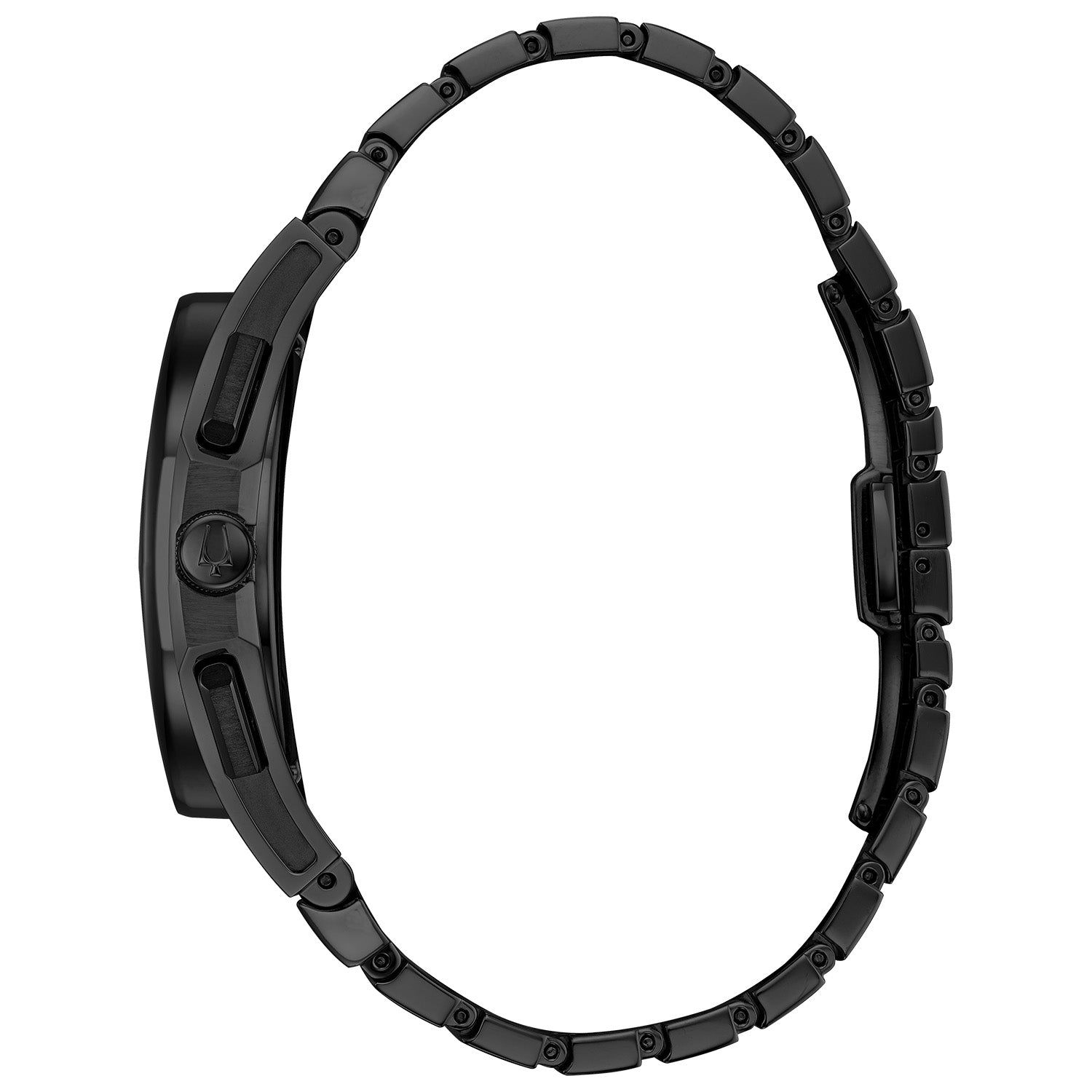 Side profile of Bulova 98A207, showcasing the curved case design and black stainless steel bracelet.