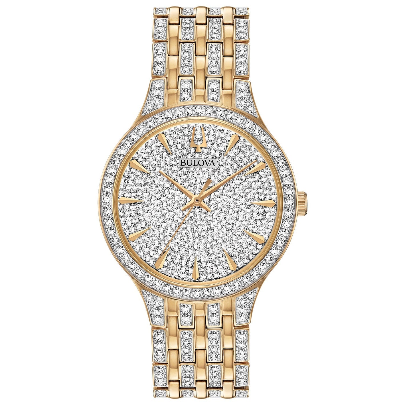 Bulova Phantom 98A229 men's watch featuring a two-tone gold and silver-tone stainless steel case with a crystal-embellished dial—front view.​