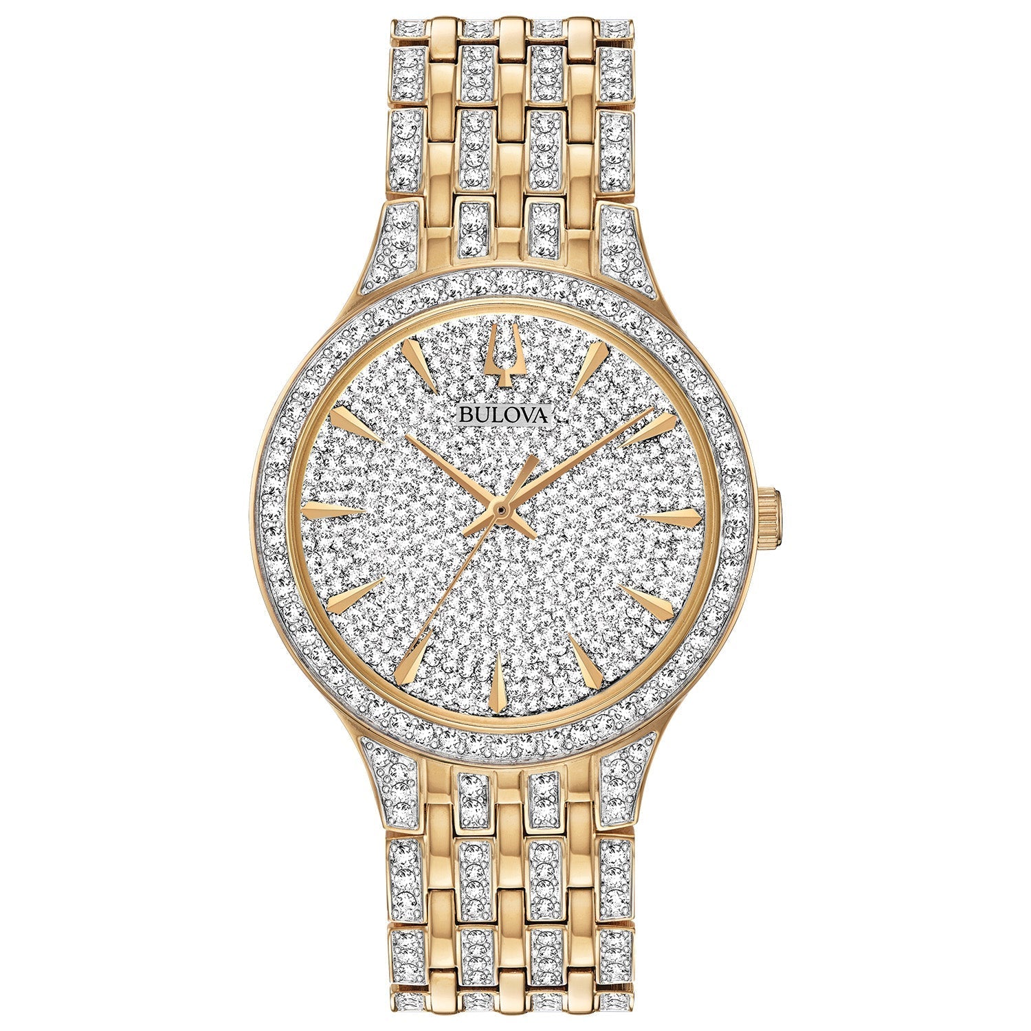 Bulova Phantom 98A229 men's watch featuring a two-tone gold and silver-tone stainless steel case with a crystal-embellished dial—front view.​