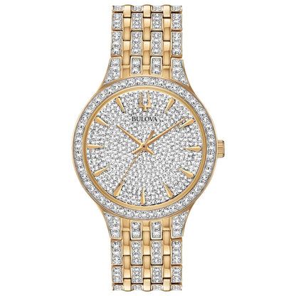 Bulova Phantom 98A229 men's watch featuring a two-tone gold and silver-tone stainless steel case with a crystal-embellished dial—front view.​