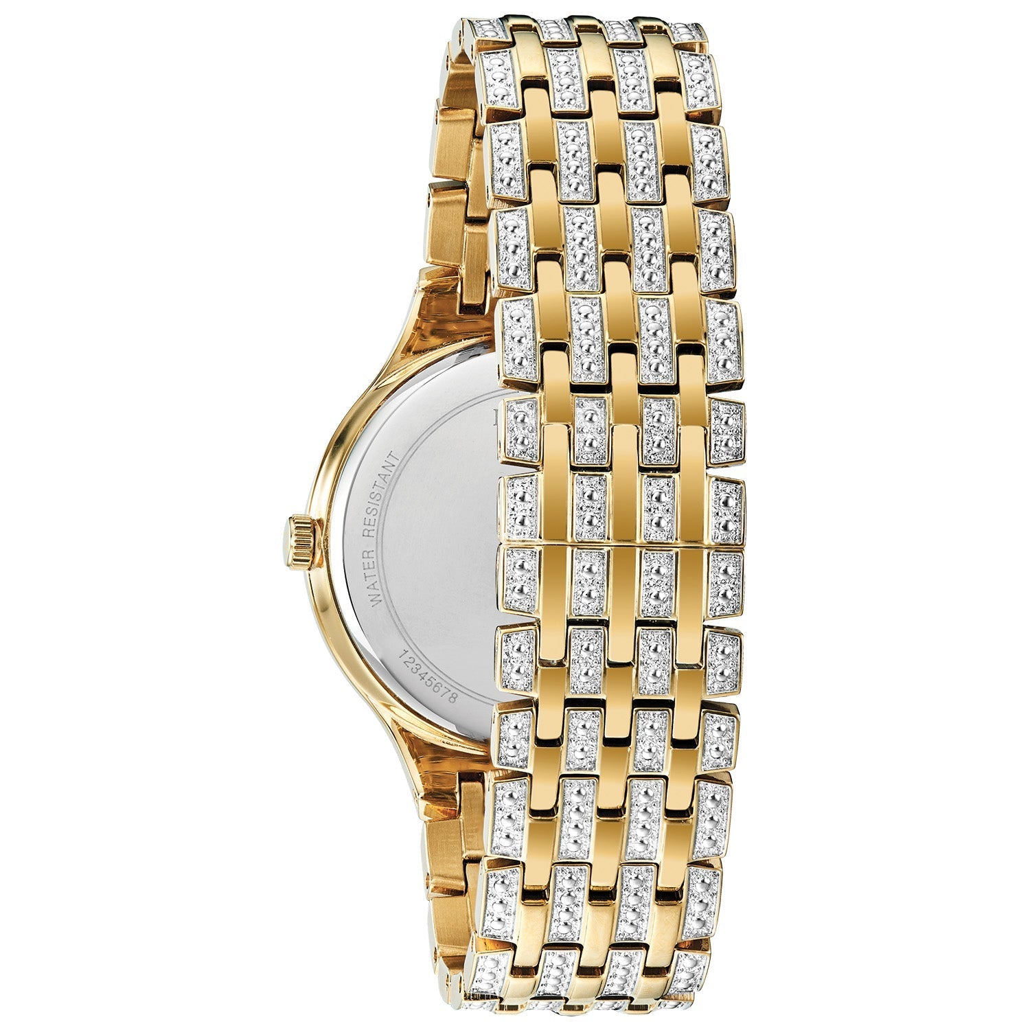 Rear view of the Bulova Phantom 98A229, highlighting the stainless steel case back and bracelet clasp.