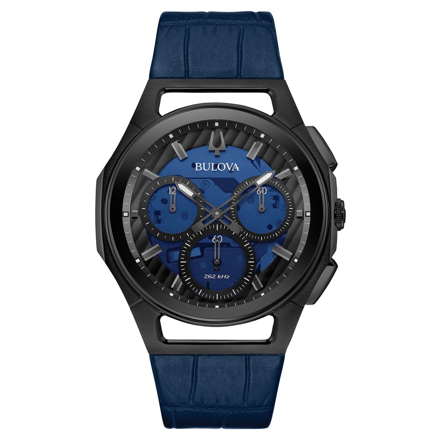 Bulova 98A232 Men's CURV Chronograph watch featuring a black ion-plated stainless steel case and black and transparent blue dial—front view.