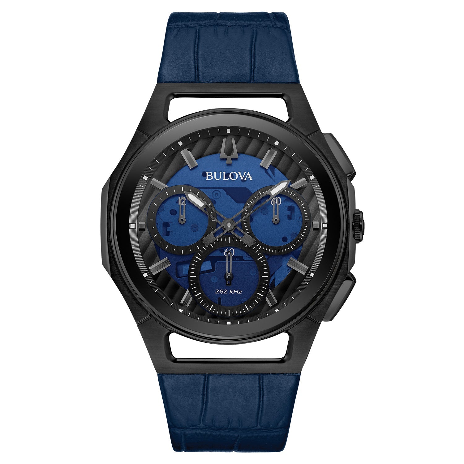 Bulova 98A232 Men's CURV Chronograph watch featuring a black ion-plated stainless steel case and black and transparent blue dial—front view.