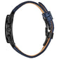 Side profile of Bulova 98A232, showcasing the curved case design and blue leather strap.