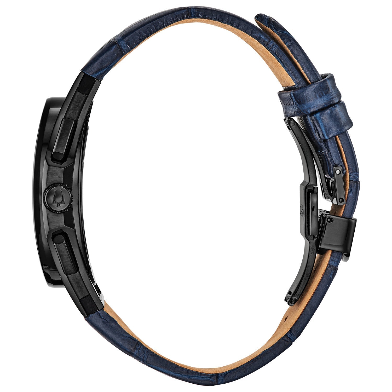 Side profile of Bulova 98A232, showcasing the curved case design and blue leather strap.