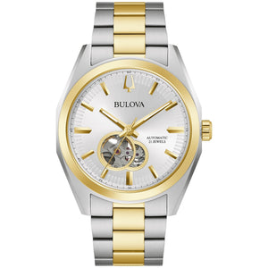 Bulova Surveyor 98A284 men's watch featuring a two-tone stainless steel case and bracelet, silver-tone dial with gold-tone accents, and open aperture—front view.