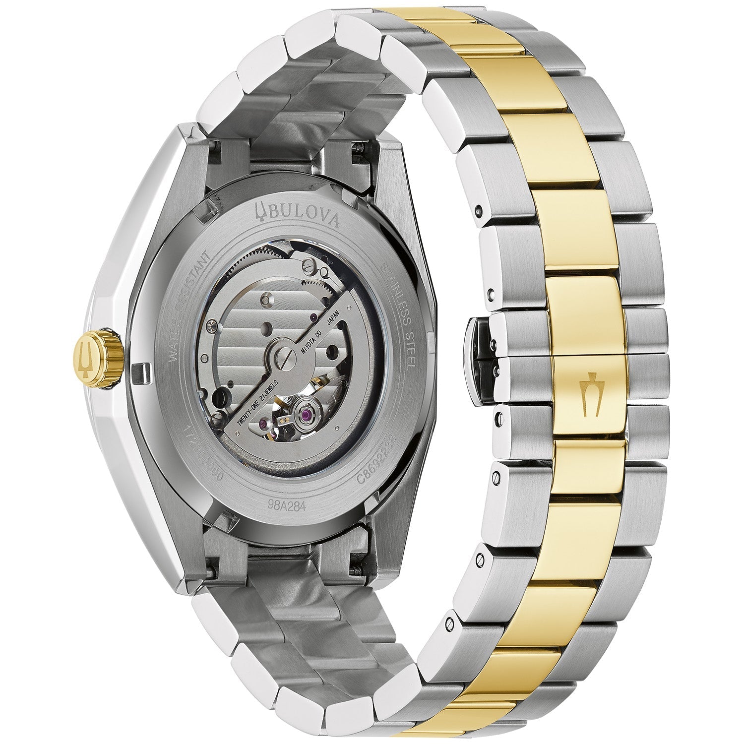 Back view of the Bulova Surveyor 98A284, showcasing the exhibition case back and stainless steel bracelet.