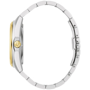 Side profile of the Bulova 98A284, highlighting the two-tone stainless steel case and the sleek design of the bracelet.