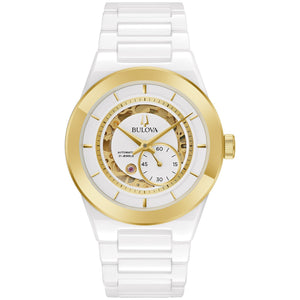 Bulova 98A290 men's watch featuring a 41mm white ceramic case, gold-tone bezel, white skeleton dial, and a white ceramic bracelet—front view.