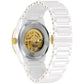 Rear view of the Bulova 98A290, showcasing the exhibition case back revealing the automatic movement and the white ceramic bracelet with a deployant clasp.