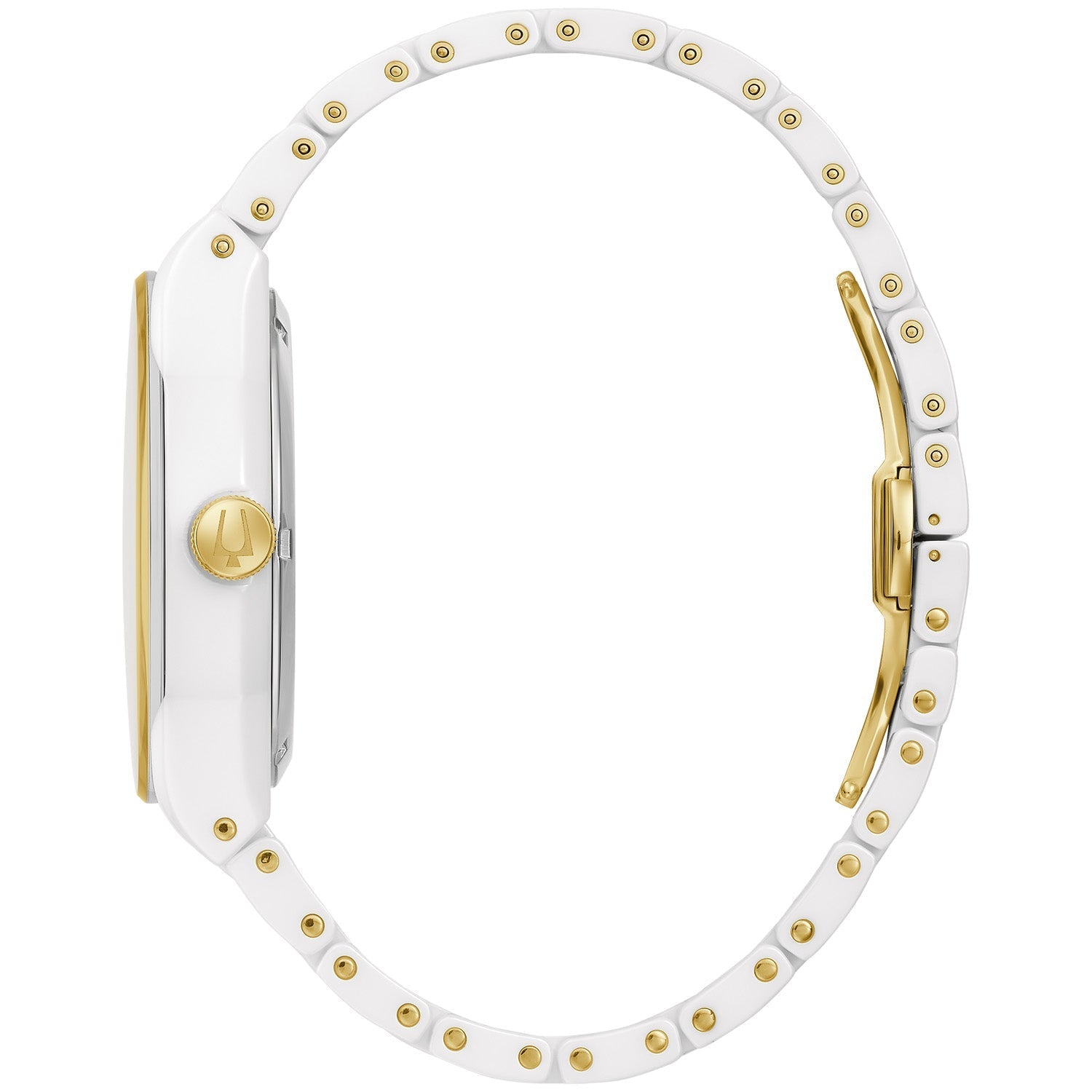 Profile view of the Bulova 98A290, highlighting its sleek white ceramic case and gold-tone bezel.