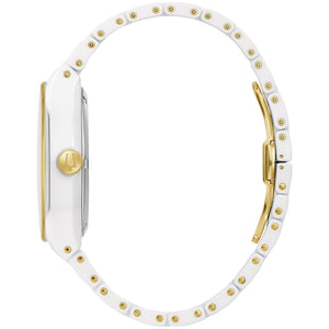 Profile view of the Bulova 98A290, highlighting its sleek white ceramic case and gold-tone bezel.