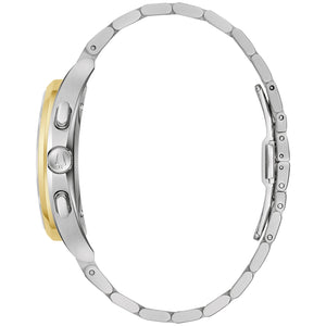 Side profile of Bulova 98A301, showcasing the curved case design and two-tone stainless steel bracelet.
