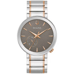  Bulova 98A309 Latin GRAMMY® Special Edition watch featuring a gray textured dial with rose gold-tone hands and markers, and a 24-hour sub-dial—front view.