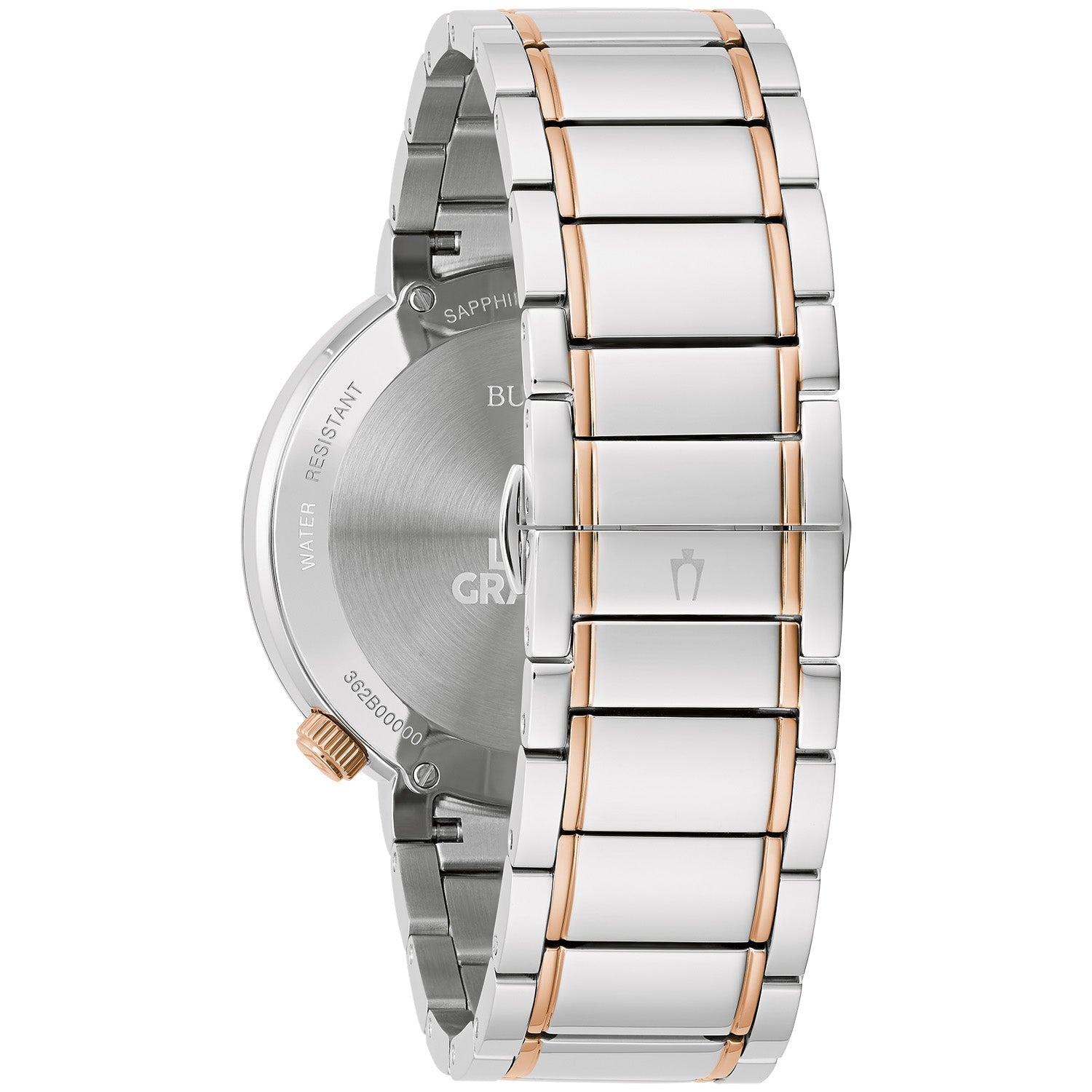 Back view of Bulova 98A309 highlighting the screw-back case stamped with the Latin GRAMMY® logo and two-tone stainless steel bracelet.
