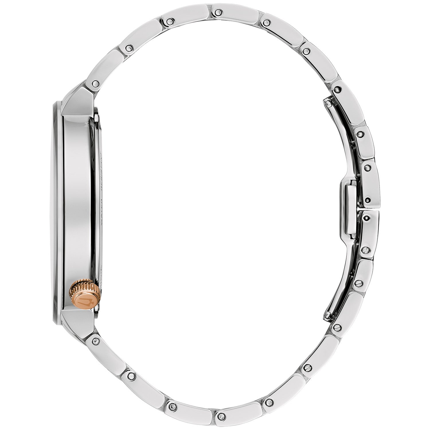 Side profile of Bulova 98A309 showcasing the stainless steel case with rose gold-tone crown and edge-to-edge domed sapphire crystal.