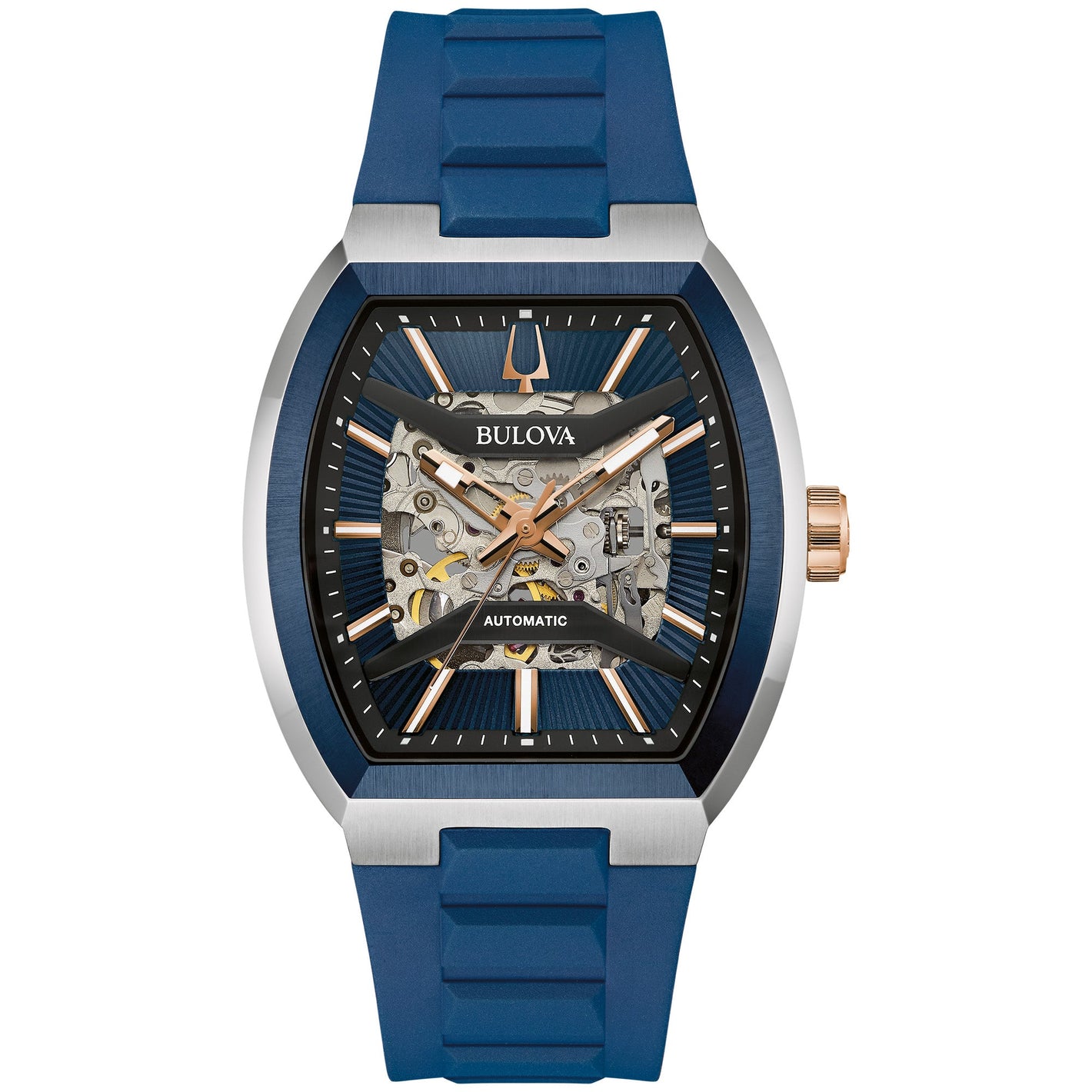 Bulova 98A318 Maquina men's watch with rose gold-tone tonneau case, skeleton dial showcasing automatic movement, and blue patterned background—front view.