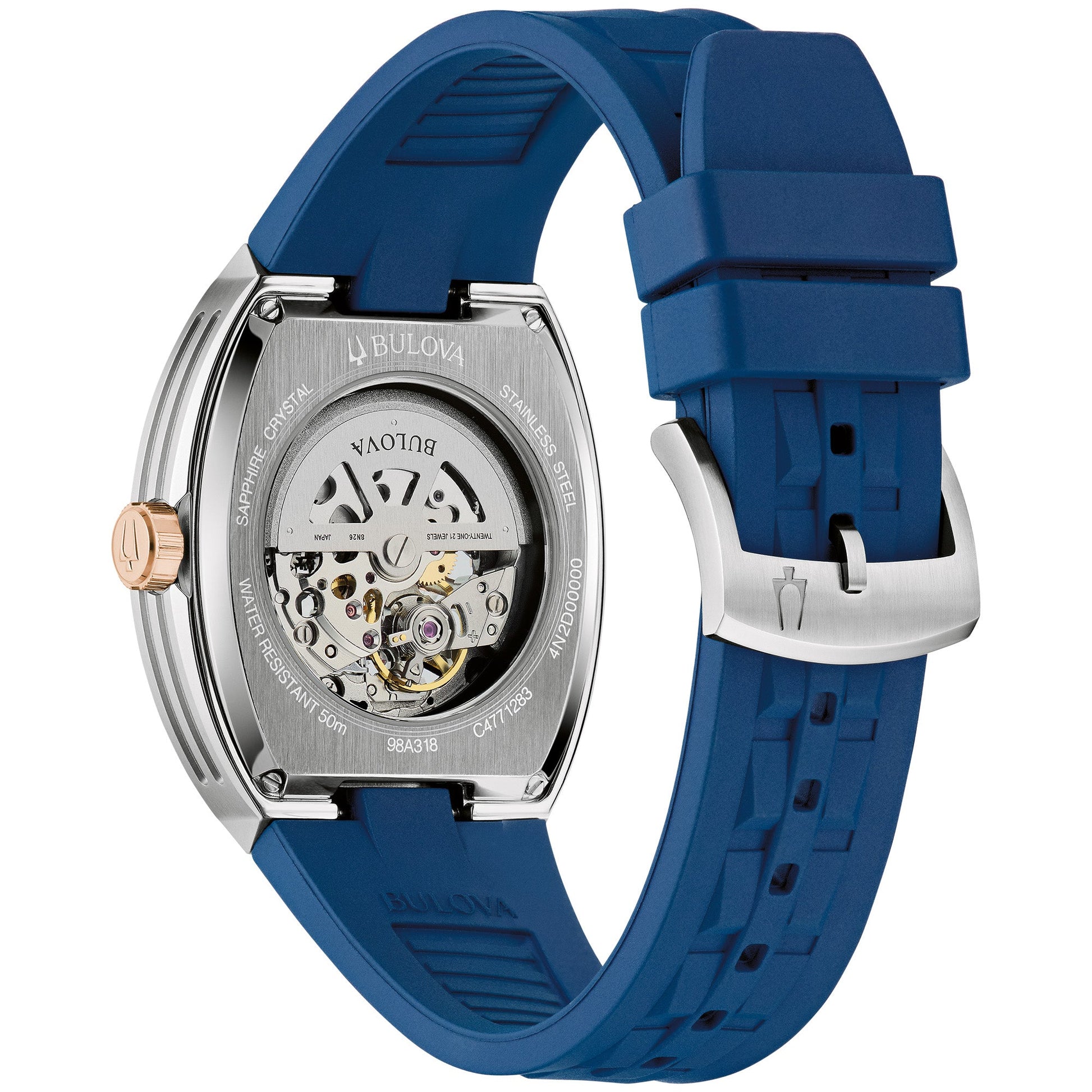 Back view of the Bulova 98A318 with transparent case back revealing the 21-jewel automatic movement.