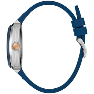 Side profile of the Bulova 98A318 highlighting the double-curved sapphire crystal and contoured case architecture.