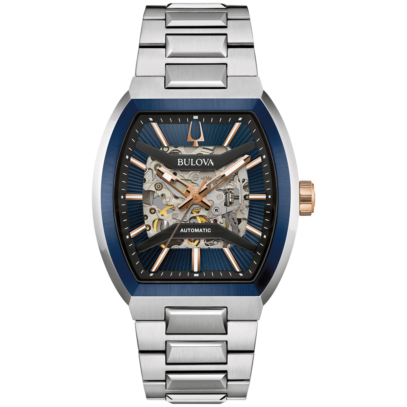 Bulova 98A319 Maquina watch with 40mm rose gold- and silver-tone stainless steel case, blue patterned dial with skeletonized movement, and silver-tone stainless steel bracelet—front view.