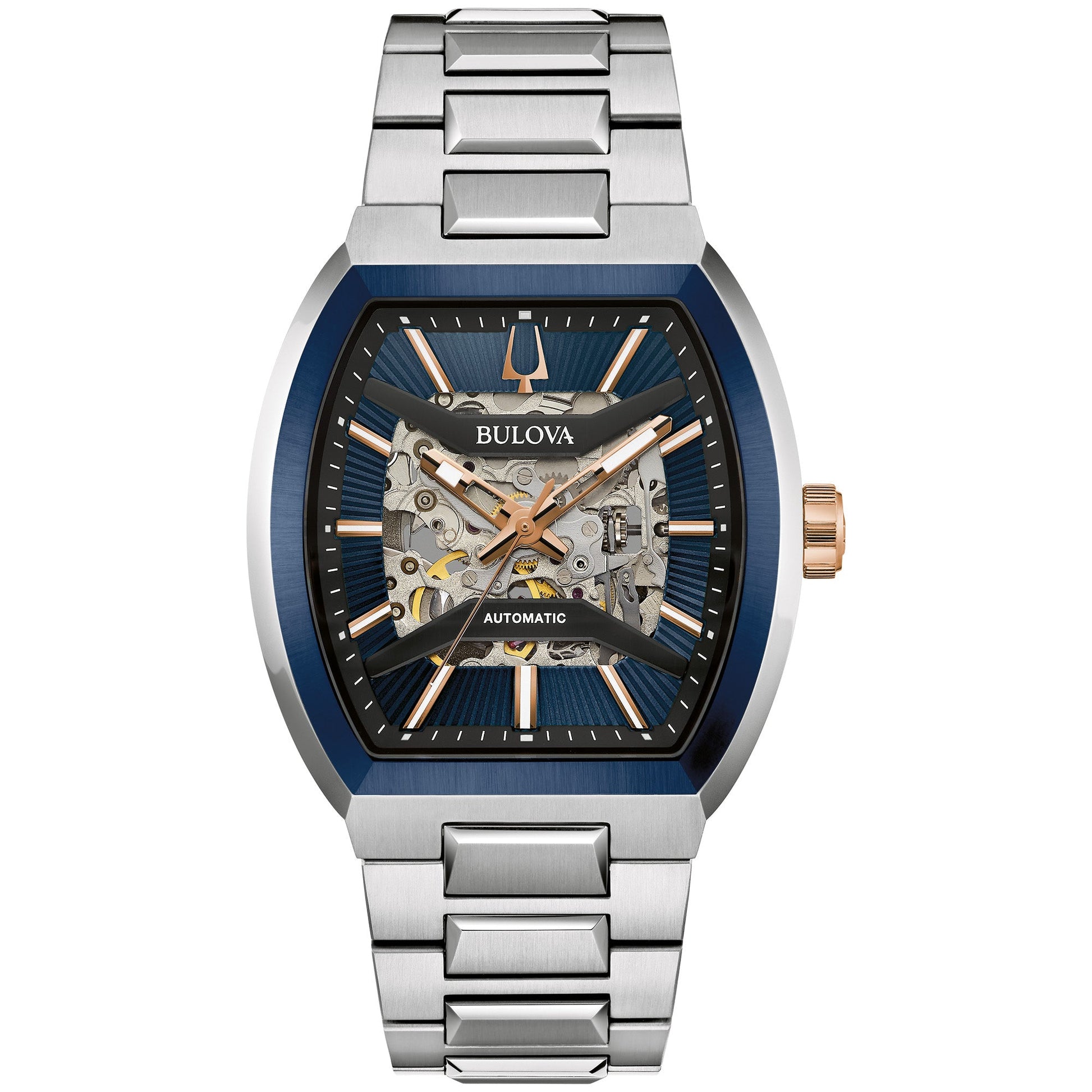 Bulova 98A319 Maquina watch with 40mm rose gold- and silver-tone stainless steel case, blue patterned dial with skeletonized movement, and silver-tone stainless steel bracelet—front view.