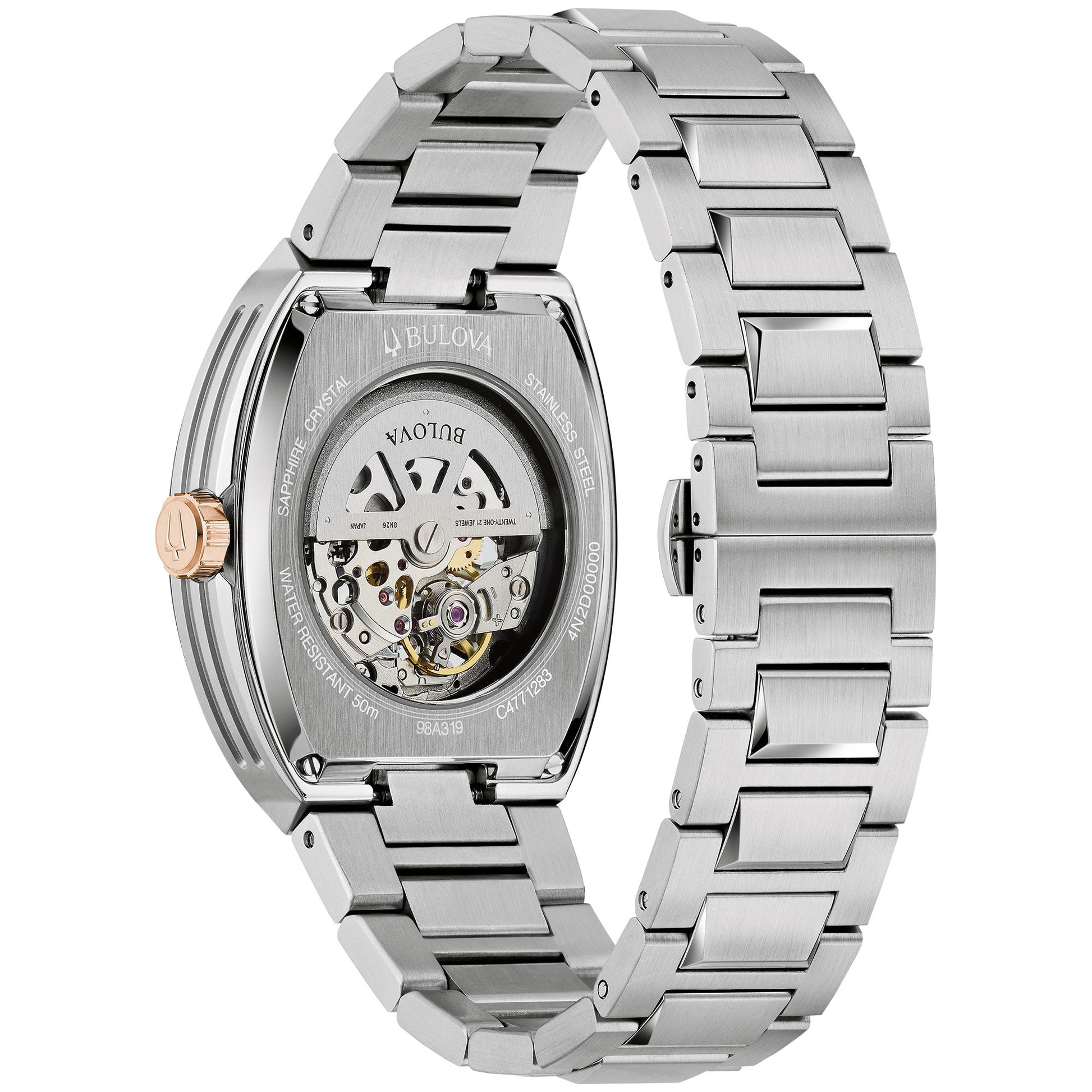 Rear view of the Bulova 98A319 highlighting the transparent case back revealing the automatic movement.