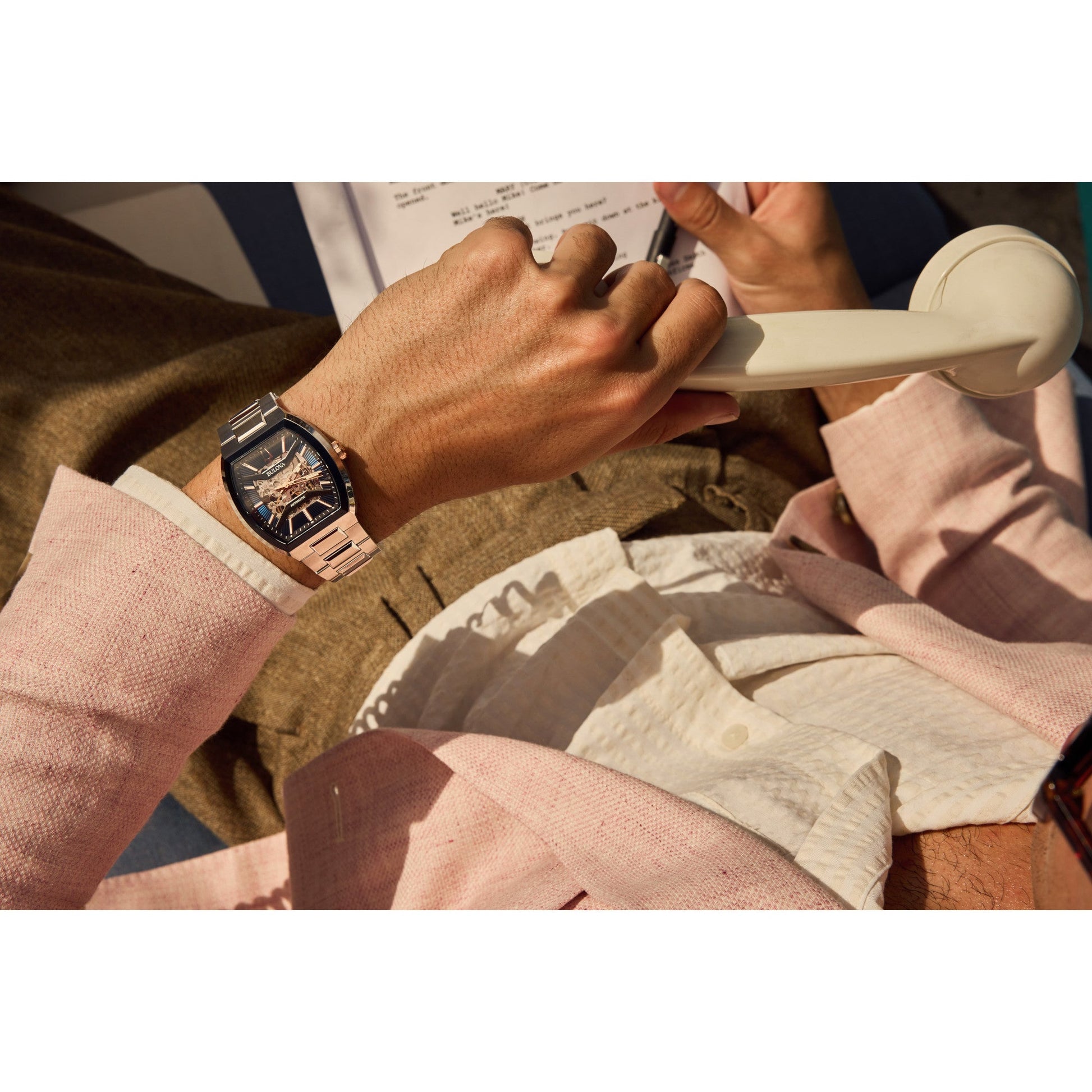 Model wearing the Bulova 98A319 Maquina watch, demonstrating its bold and contemporary appeal on the wrist.
