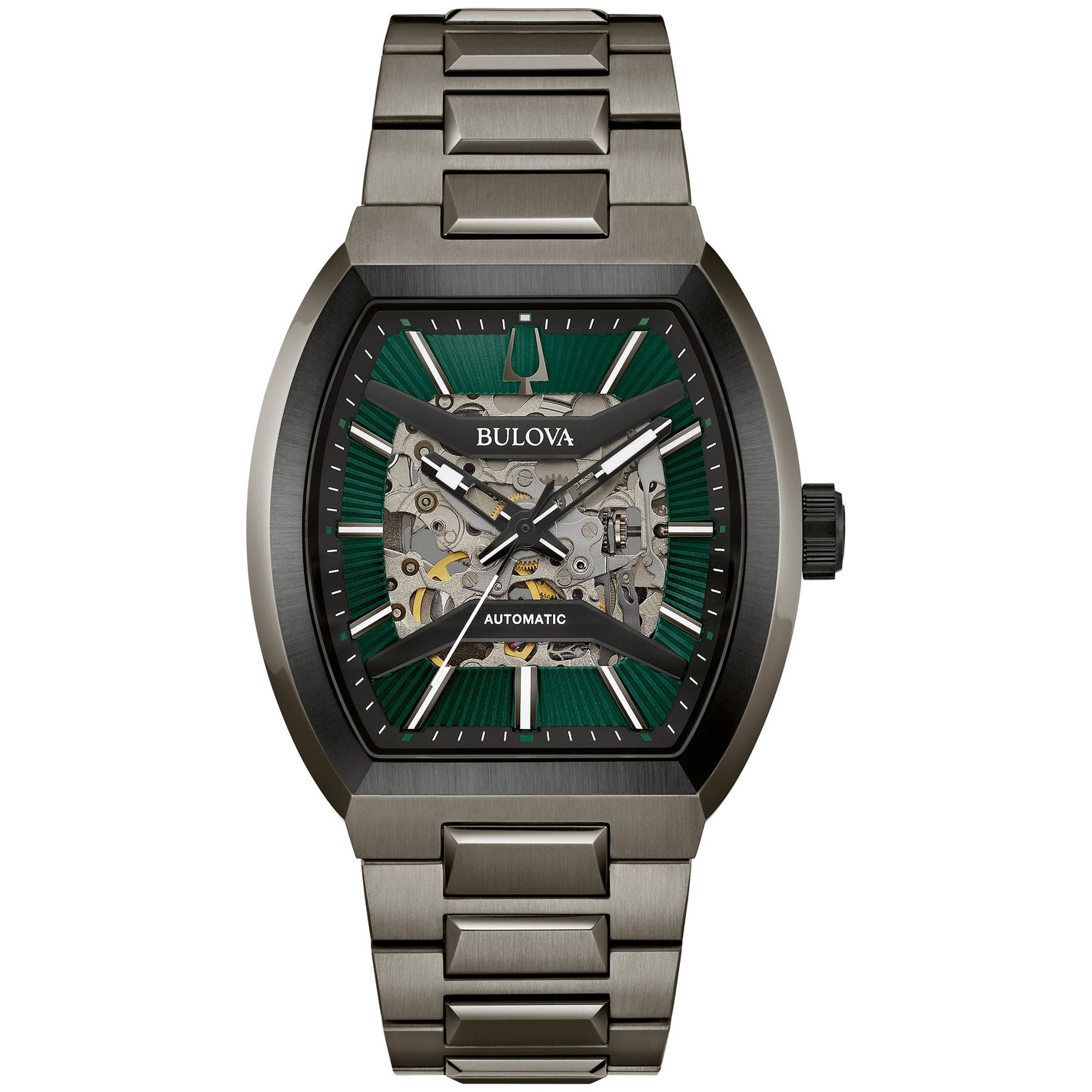 Bulova Maquina 98A321 men's watch with a 40mm gunmetal and black-tone stainless steel case, green patterned skeleton dial, black hands, and silver-tone markers—front view.