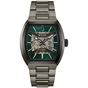 Bulova Maquina 98A321 men's watch with a 40mm gunmetal and black-tone stainless steel case, green patterned skeleton dial, black hands, and silver-tone markers—front view.