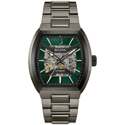 Bulova Maquina 98A321 men's watch with a 40mm gunmetal and black-tone stainless steel case, green patterned skeleton dial, black hands, and silver-tone markers—front view.