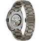 Rear view of the Bulova 98A321 highlighting the transparent case back revealing the 21-jewel automatic movement.