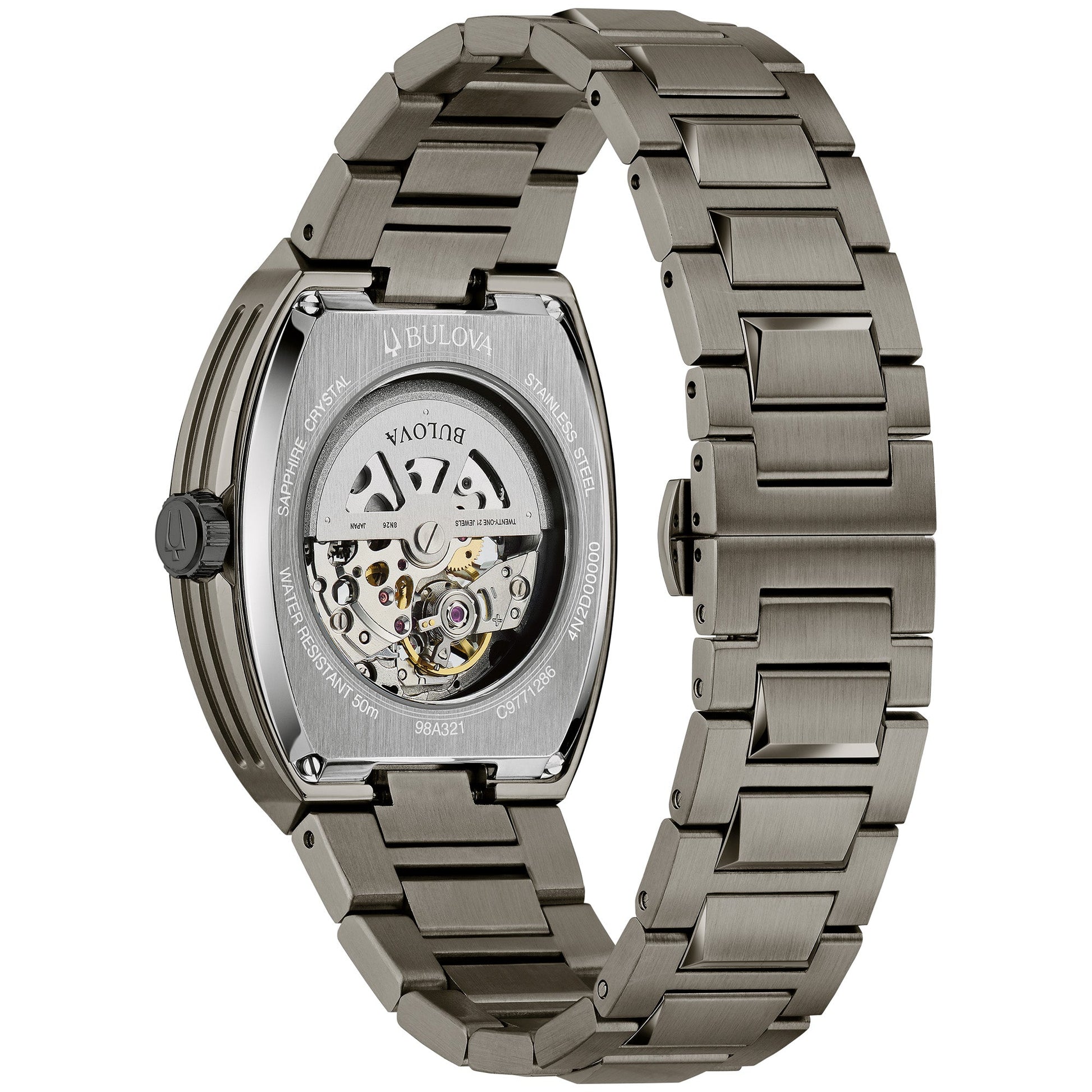 Rear view of the Bulova 98A321 highlighting the transparent case back revealing the 21-jewel automatic movement.