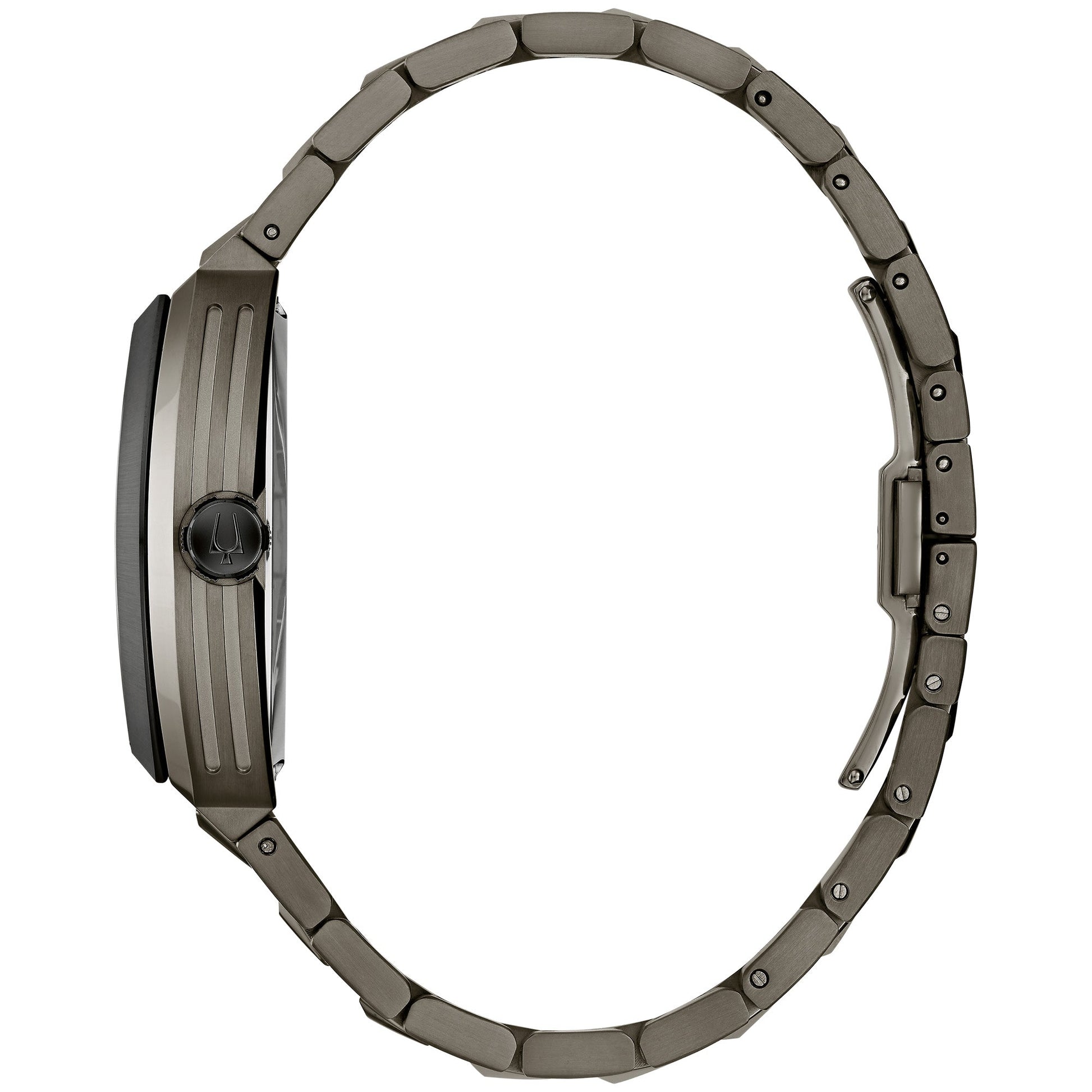 Side profile of the Bulova 98A321 showcasing the curved sapphire crystal with anti-reflective coating and the unique case design.