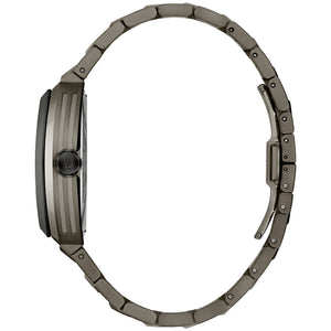 Side profile of the Bulova 98A321 showcasing the curved sapphire crystal with anti-reflective coating and the unique case design.