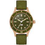 Bulova 98A324 Mil-Ships watch featuring a bronze 41mm case, military green dial with luminous markers, and moisture indicator—front view.