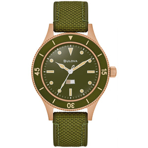 Bulova 98A324 Mil-Ships watch featuring a bronze 41mm case, military green dial with luminous markers, and moisture indicator—front view.