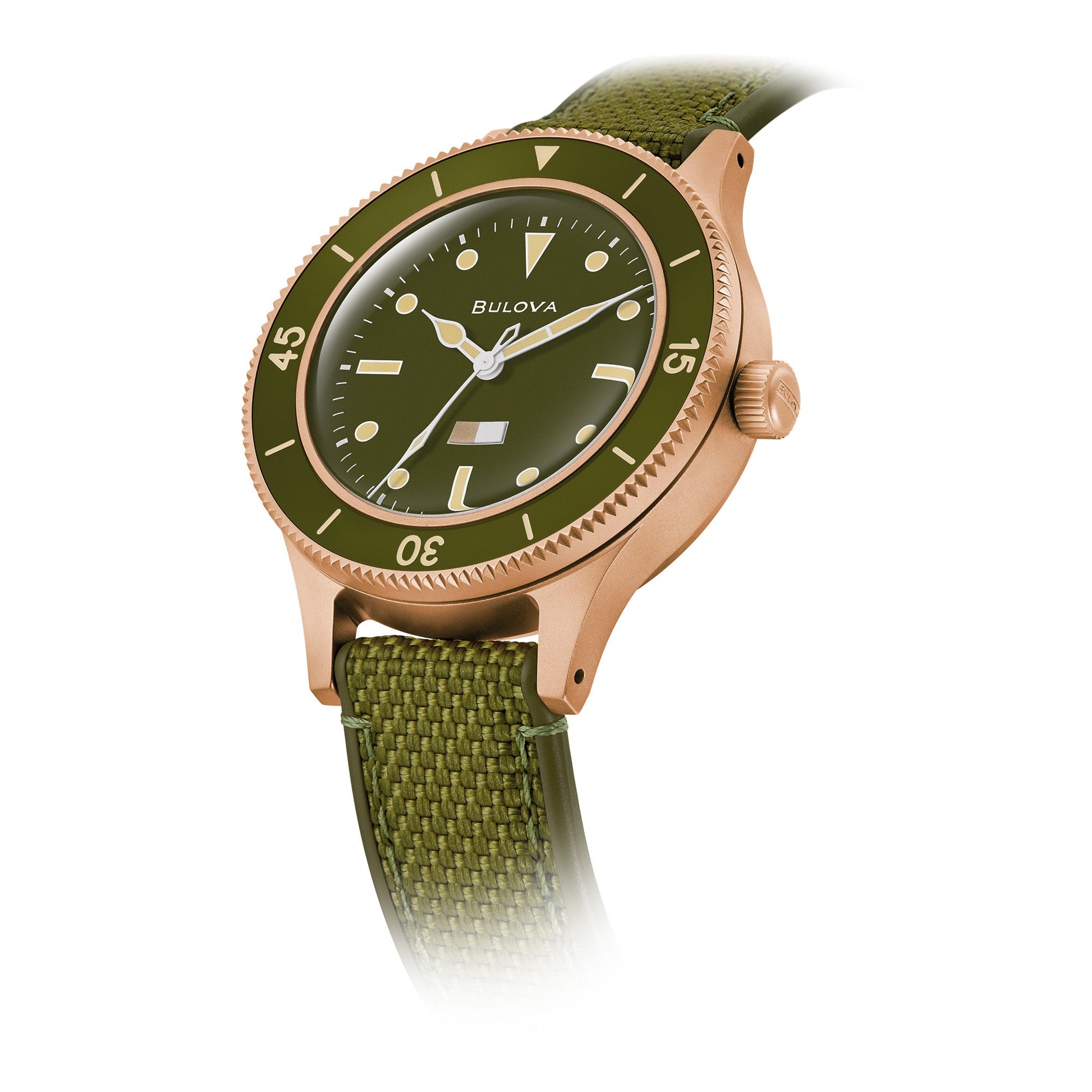 Bulova 98A324 Mil-Ships watch featuring a bronze 41mm case, military green dial with luminous markers, and moisture indicator—front view.