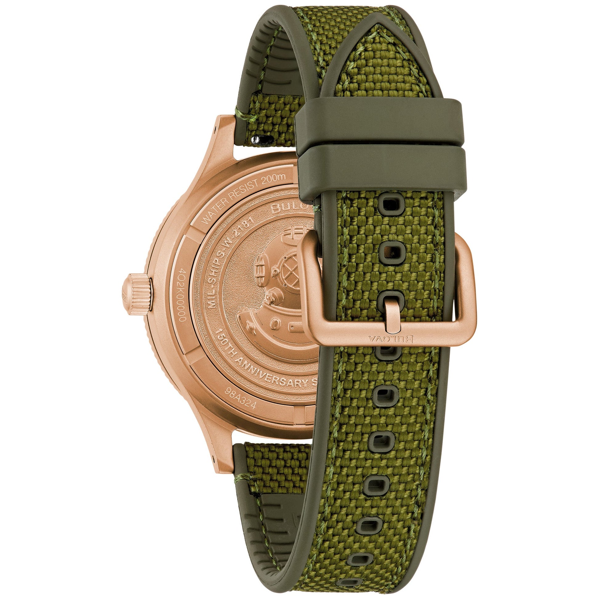 Rear view of the Bulova 98A324 showcasing the screw-down case back and visible bronze patina development.