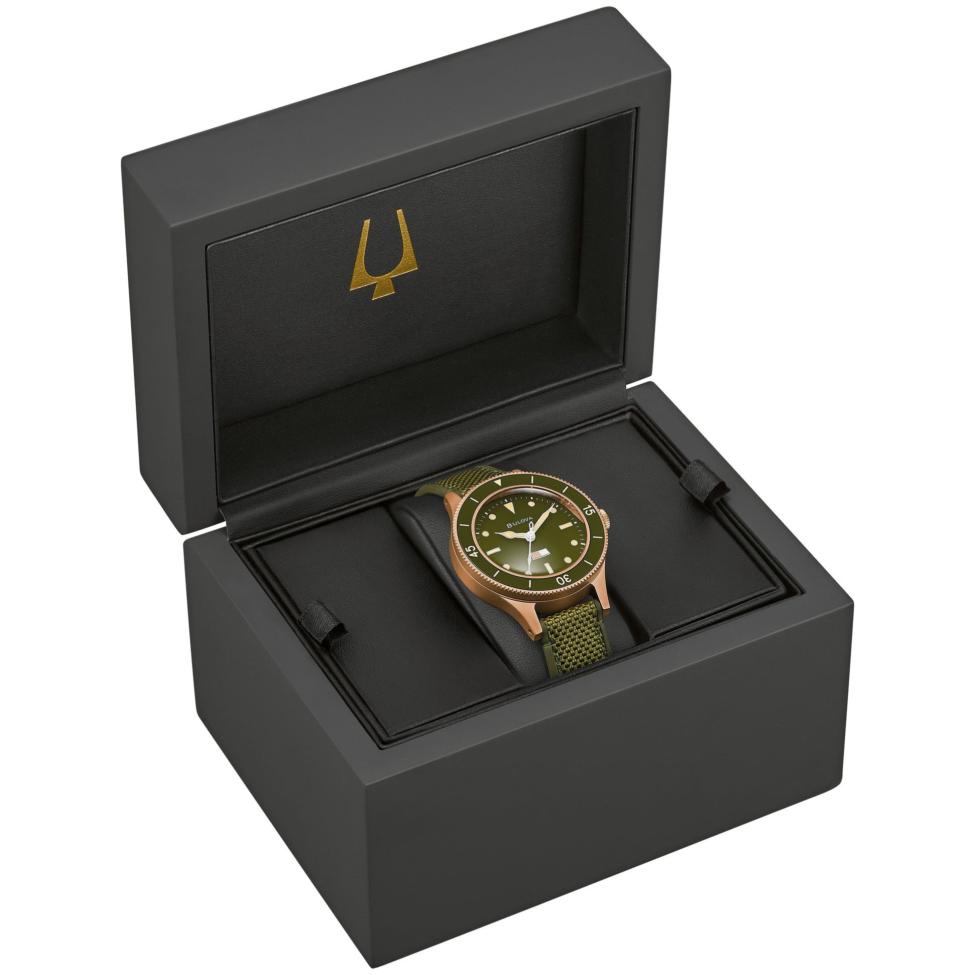 Bulova 98A324 presented in its archival-style box with vintage-inspired branding and official documentation.