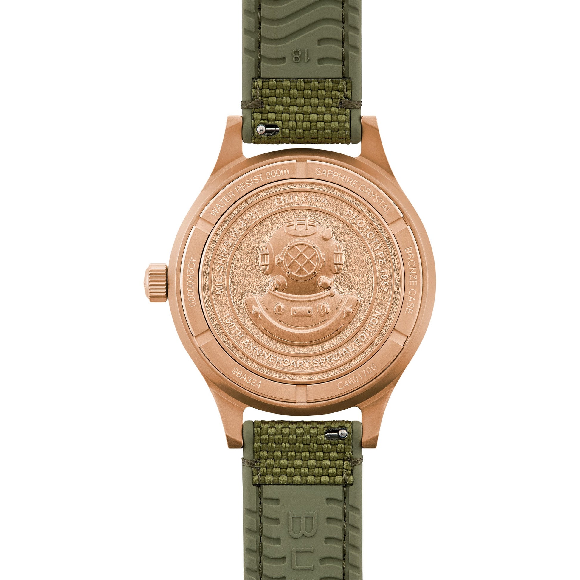 Rear view of the Bulova 98A324 showcasing the screw-down case back and visible bronze patina development.