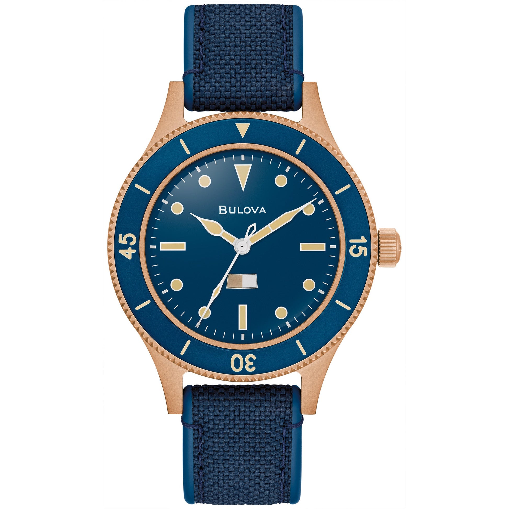 Bulova 98A325 Mil-Ships Archive Series watch featuring a 41mm bronze case, deep blue dial with moisture indicator, and Cordura® strap—front view.