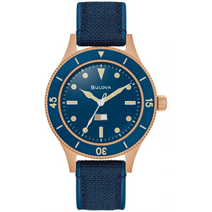 Bulova 98A325 Mil-Ships Archive Series watch featuring a 41mm bronze case, deep blue dial with moisture indicator, and Cordura® strap—front view.