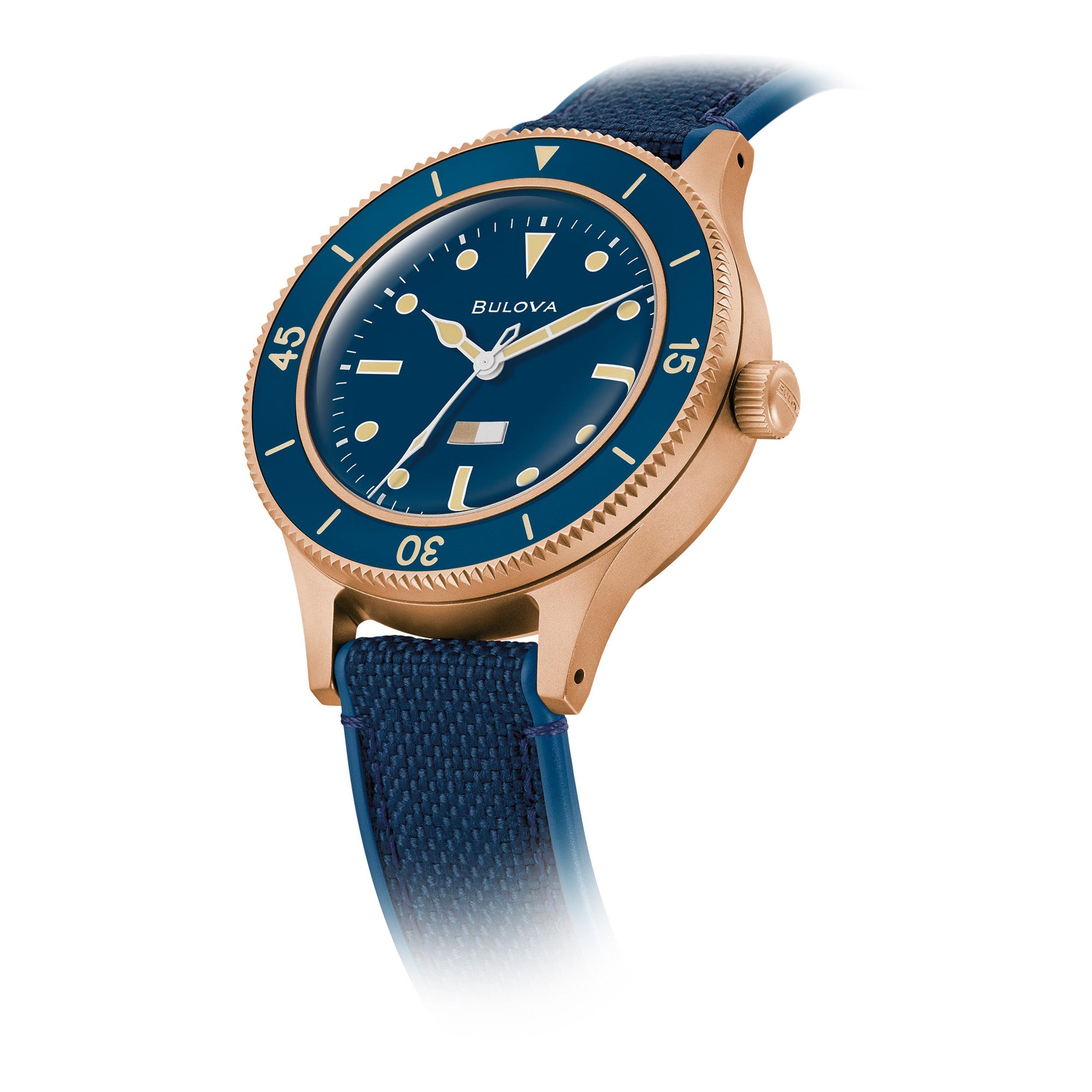 Bulova 98A325 Mil-Ships Archive Series watch featuring a 41mm bronze case, deep blue dial with moisture indicator, and Cordura® strap—front view.
