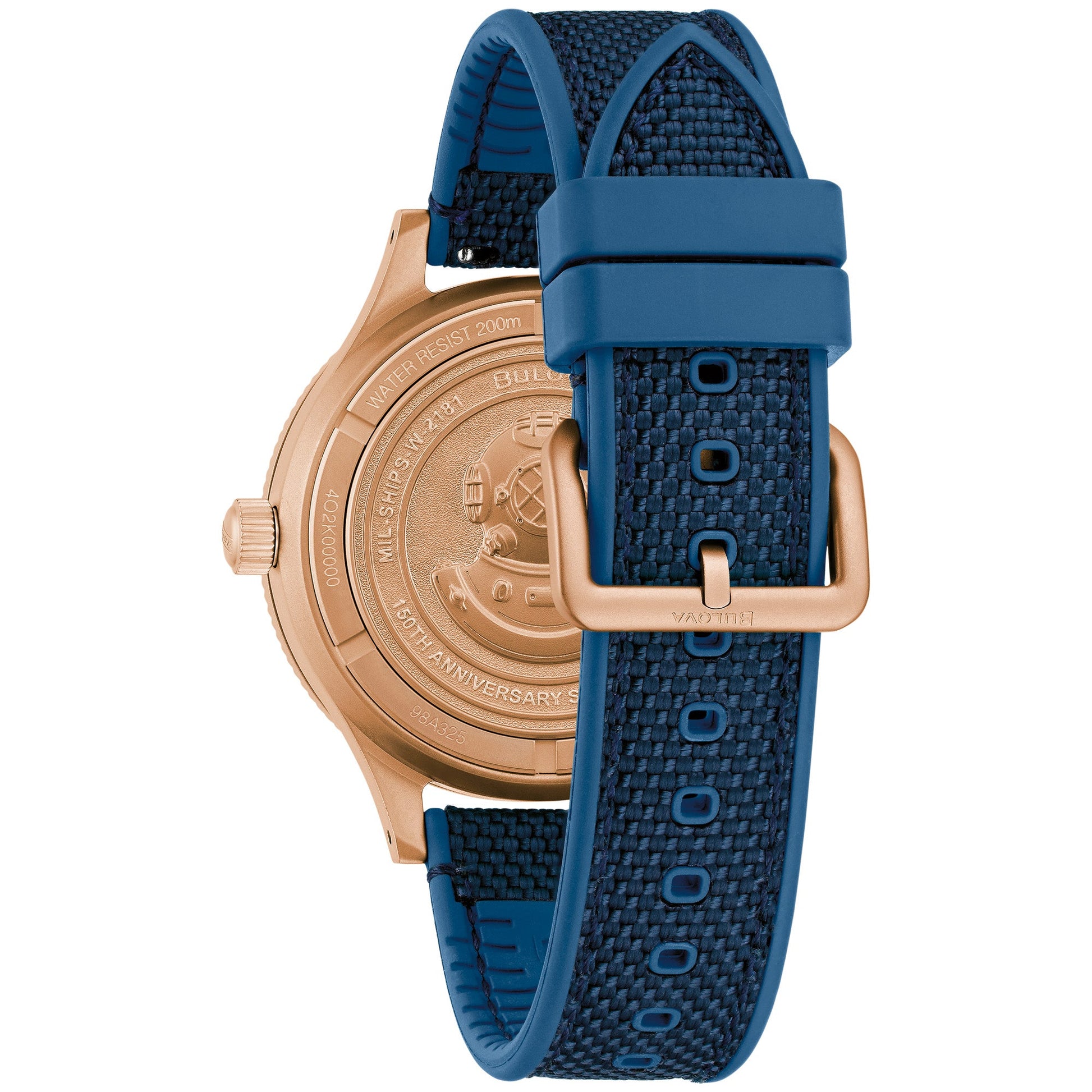 Back of the Bulova 98A325 with engraved 150th Anniversary caseback and screw-down design.