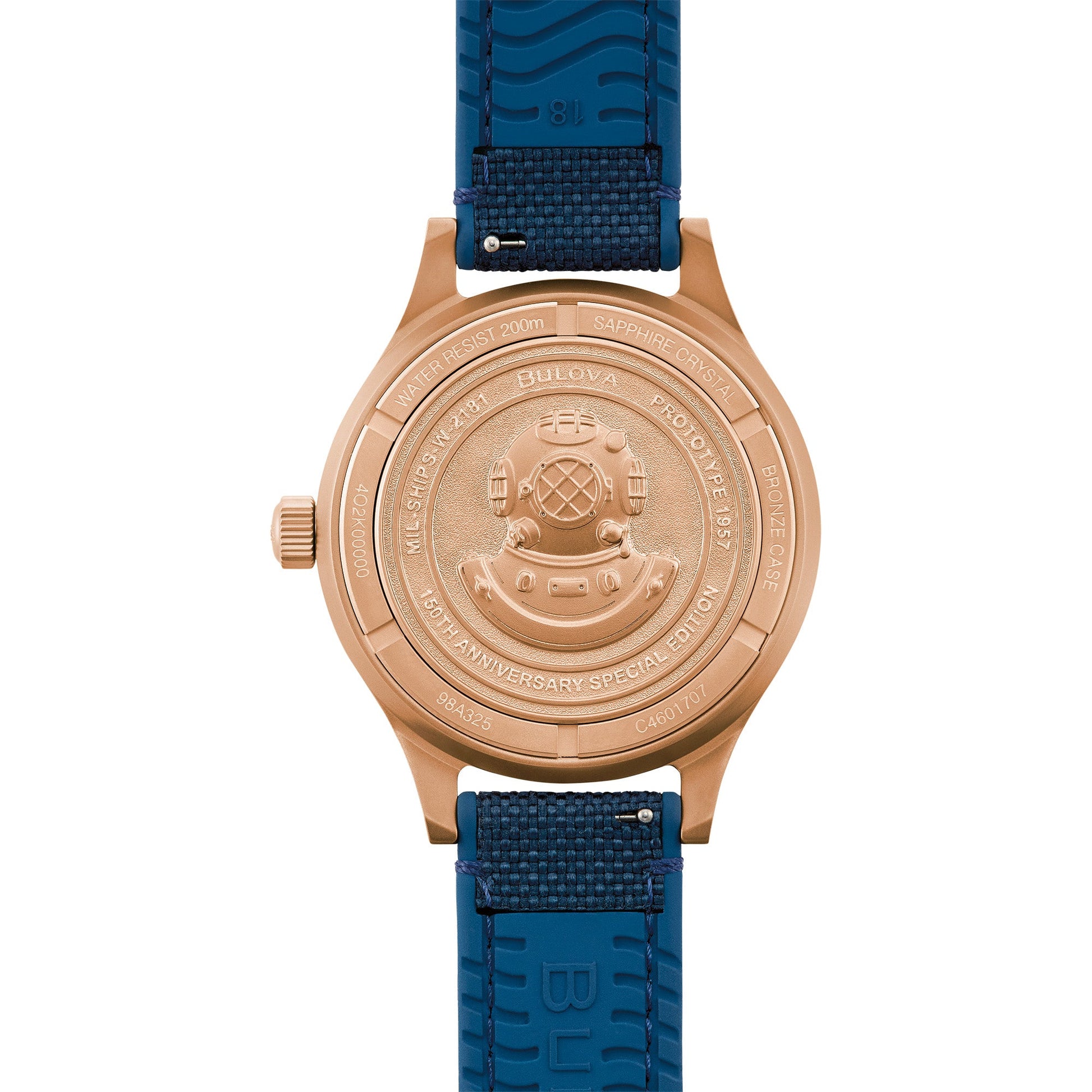 Back of the Bulova 98A325 with engraved 150th Anniversary caseback and screw-down design.